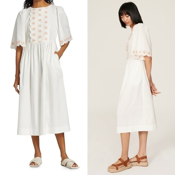 SEE BY CHLOE Floral Eyelet Embroidered Puff Short Sleeve Scalloped Midi Dress 6 - Picture 8 of 16